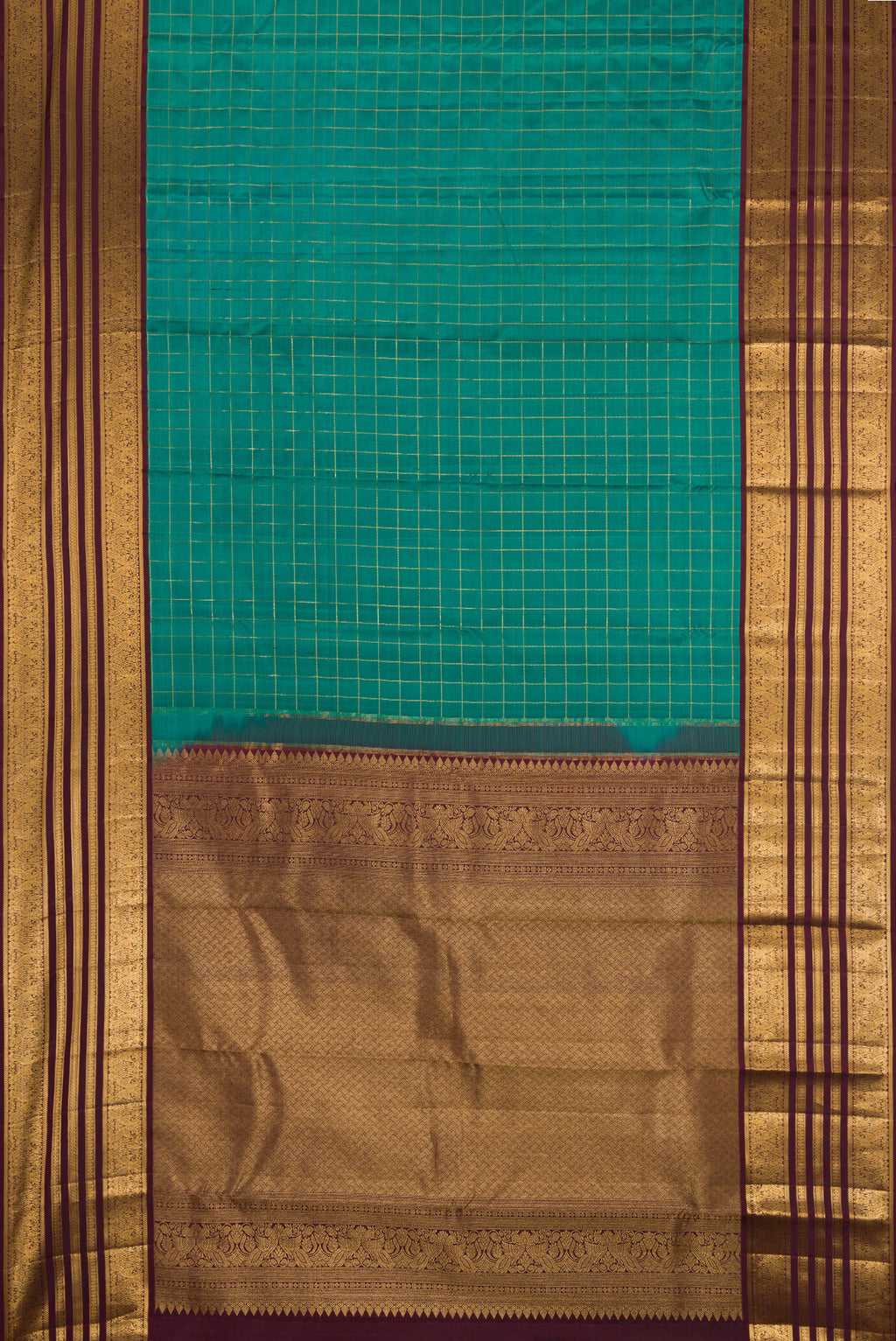 Flat view of Teal Kanjivaram Silk Saree with Checked design on the body and Zari Border. 