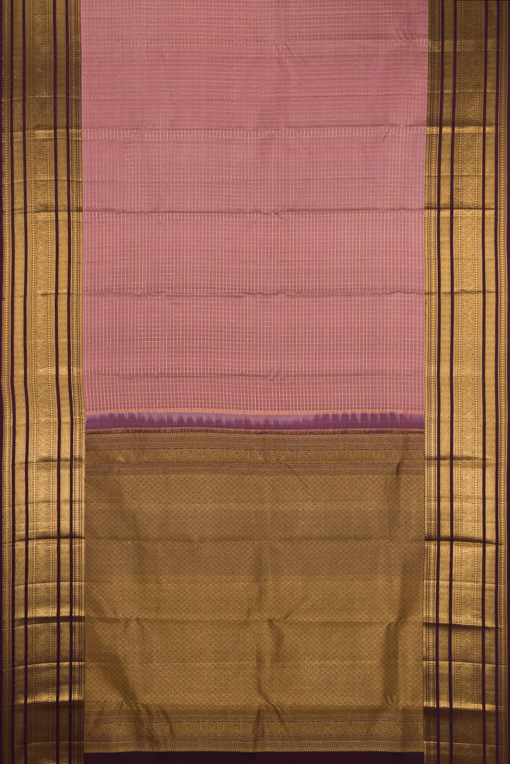 Flat view of Mauve Kanjivaram Silk Saree with Checked design on the body and Zari Border. 