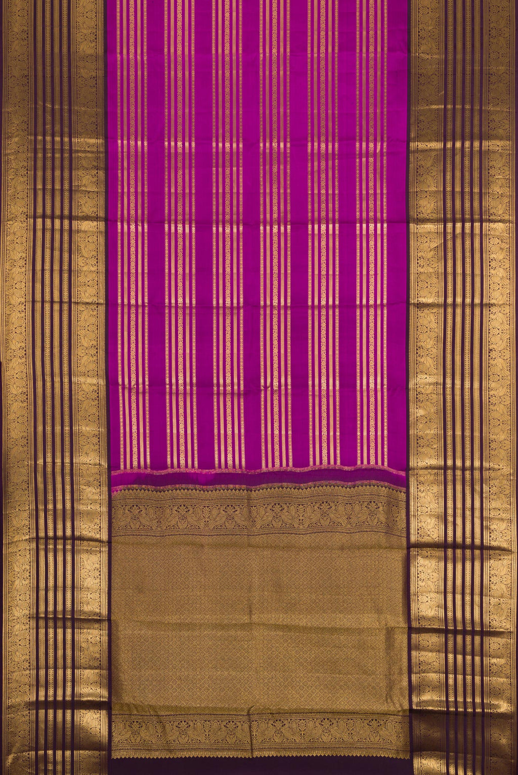 Flat view of Magenta Kanjivaram Silk Saree with Stripes on the body and Zari Border. 