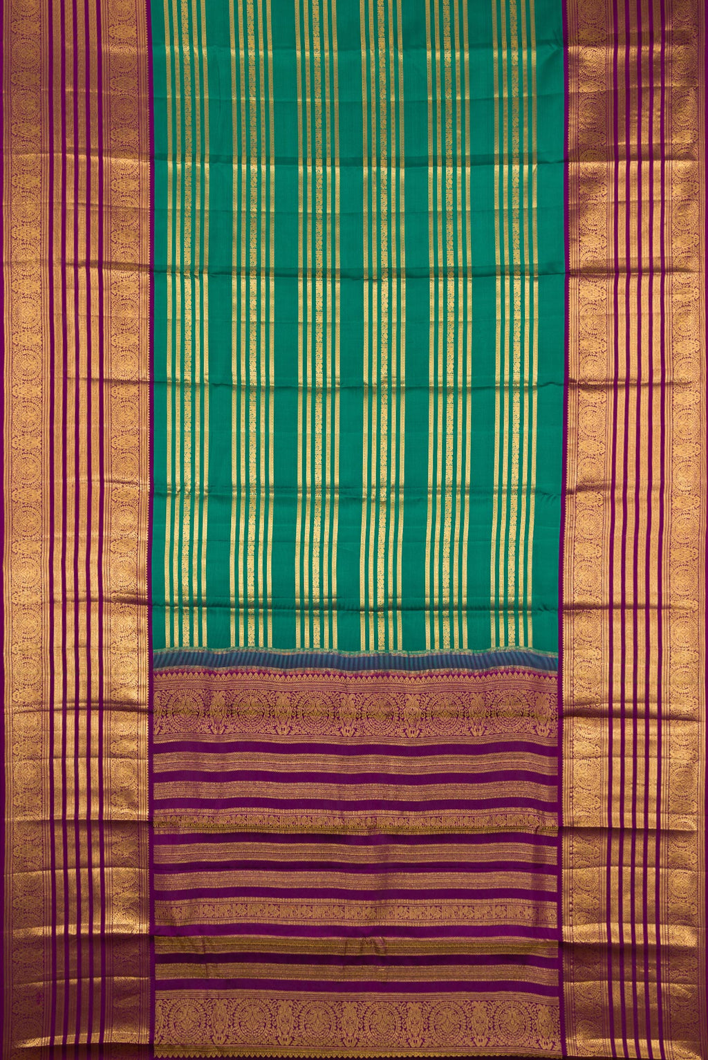 Flat view of Green Kanjivaram Silk Saree with Stripes on the body and Zari Border. 