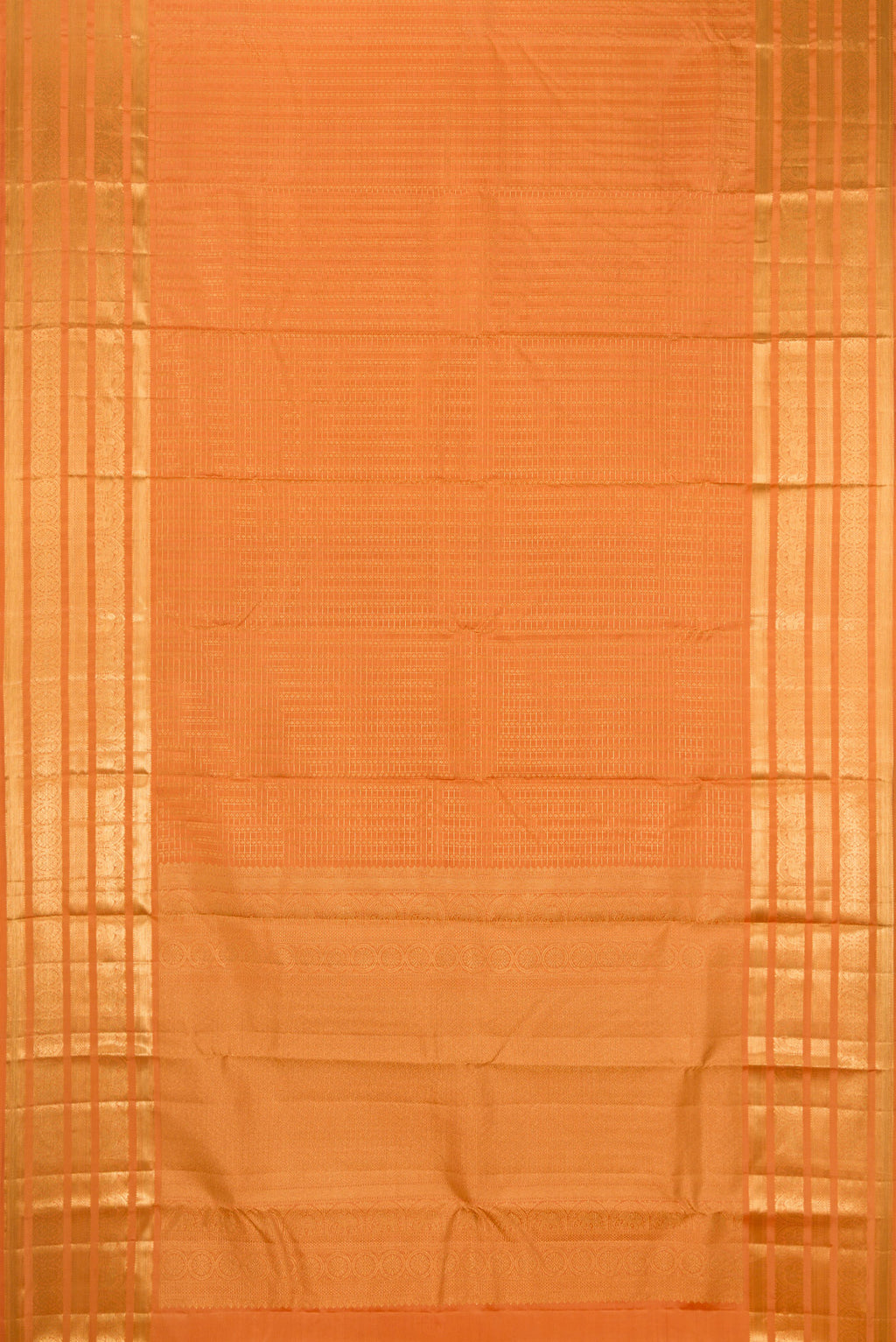 Flat view of Orange Kanjivaram Silk Saree with Zari Brocade on the body and Zari Border. 