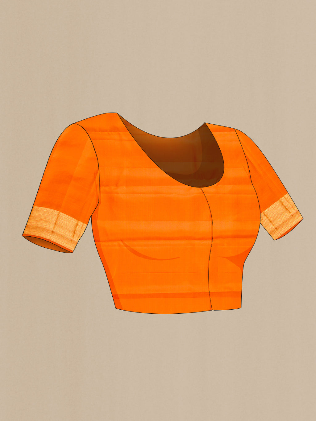 Close up image of the blouse of Orange Dual Tone Kanjivaram Silk Saree with Zari Butta on the body and Fancy Border. 