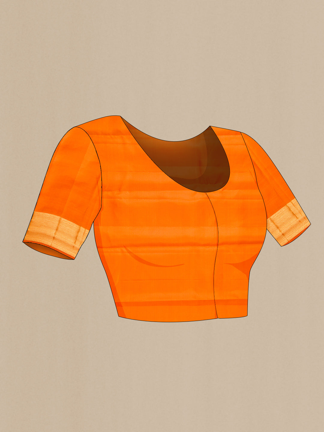 Close up image of the blouse of Orange Dual Tone Kanjivaram Silk Saree with Zari Butta on the body and Fancy Border. 