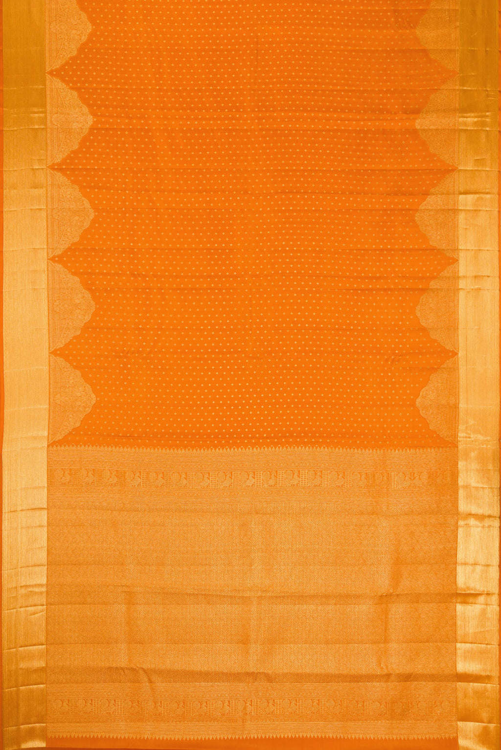 Flat view of Orange Dual Tone Kanjivaram Silk Saree with Zari Butta on the body and Fancy Border. 
