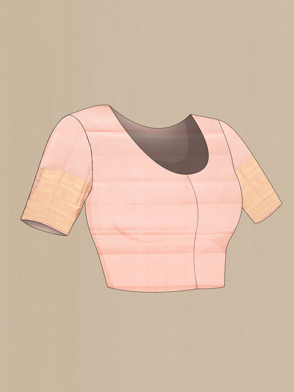 Close up image of the blouse of Peach Kanjivaram Silk Saree with Checked design on the body and Zari Border. 
