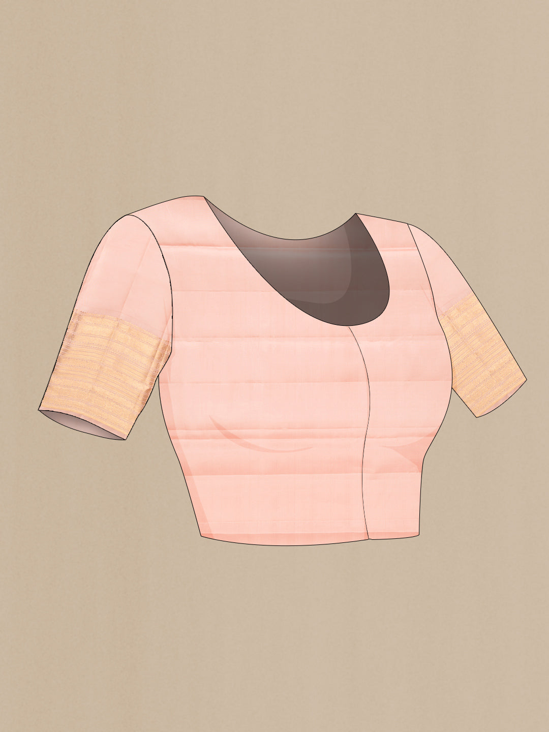 Close up image of the blouse of Peach Kanjivaram Silk Saree with Checked design on the body and Zari Border. 