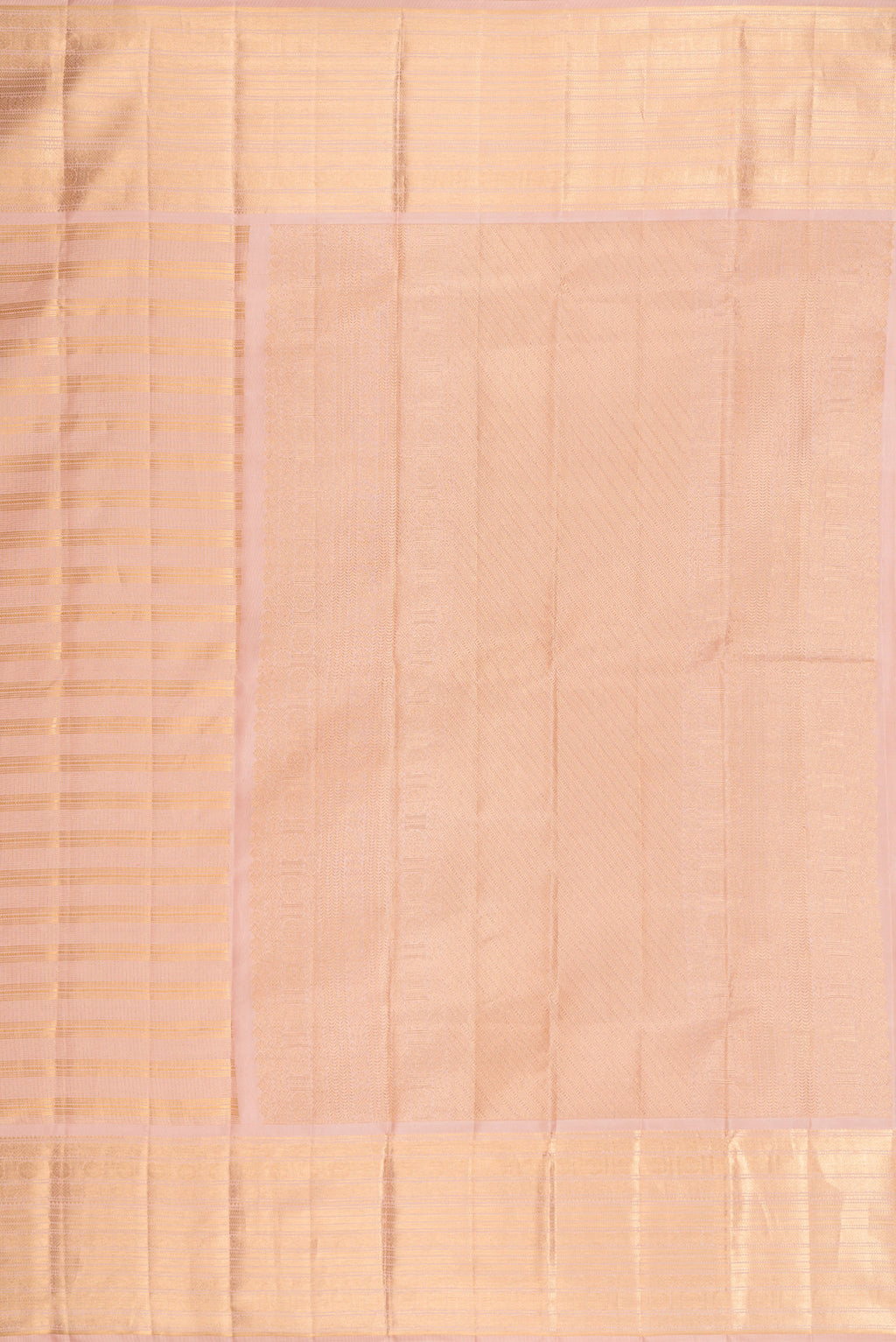 Close up image of the pallu of Peach Kanjivaram Silk Saree with Checked design on the body and Zari Border. 