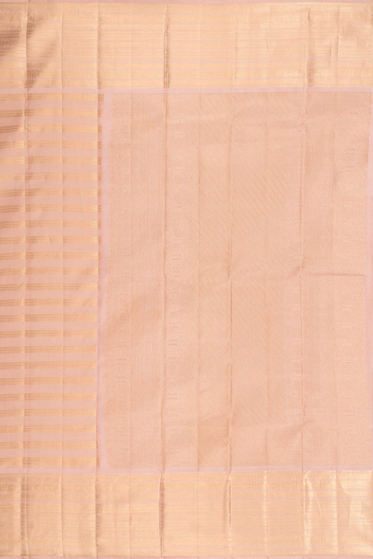 Close up image of the pallu of Peach Kanjivaram Silk Saree with Checked design on the body and Zari Border. 