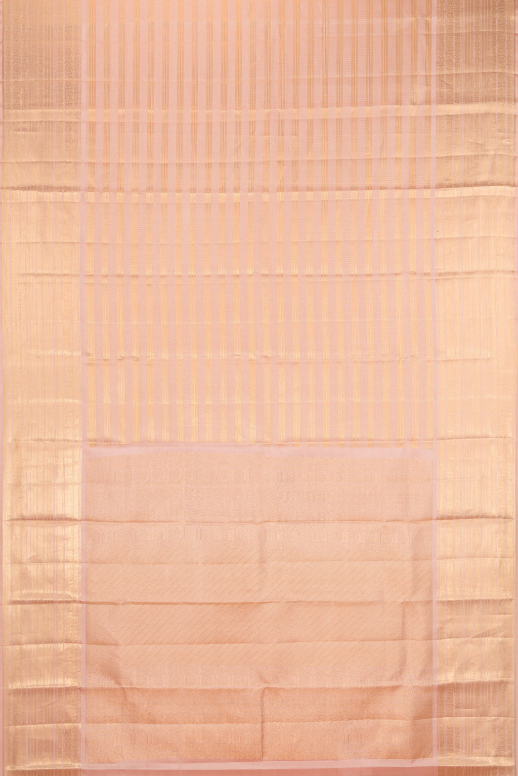 Flat view of Peach Kanjivaram Silk Saree with Checked design on the body and Zari Border. 