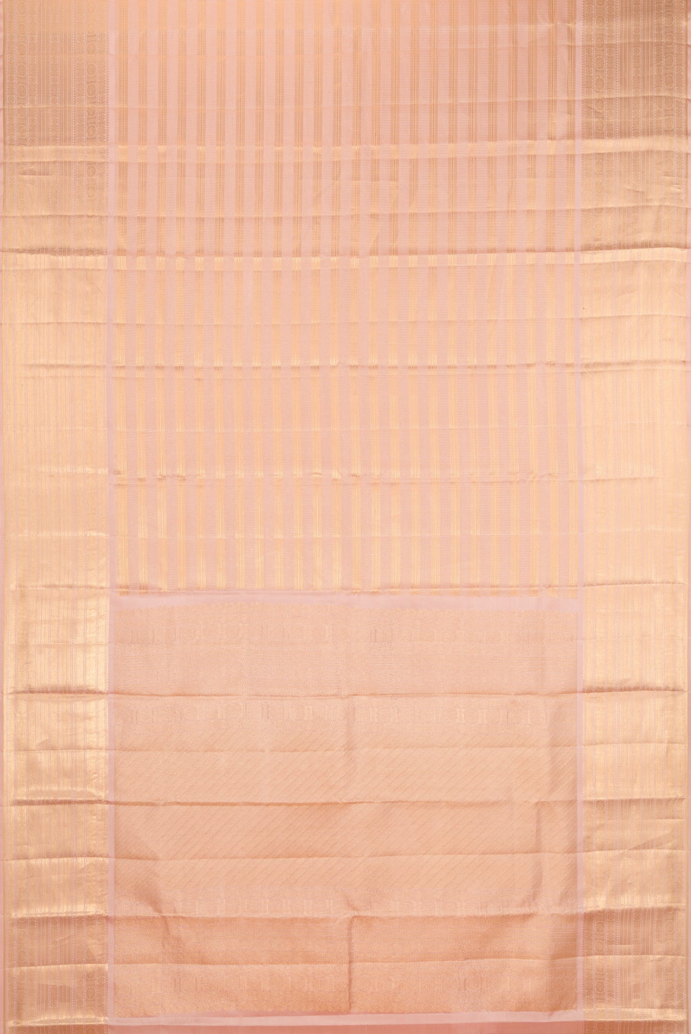 Flat view of Peach Kanjivaram Silk Saree with Checked design on the body and Zari Border. 
