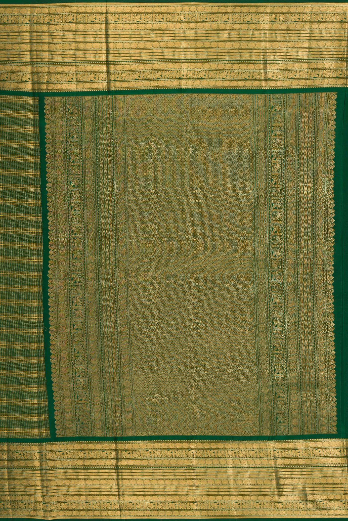Close up image of the pallu of Bottle Green Kanjivaram Silk Saree with Stripes on the body and Zari Border. 