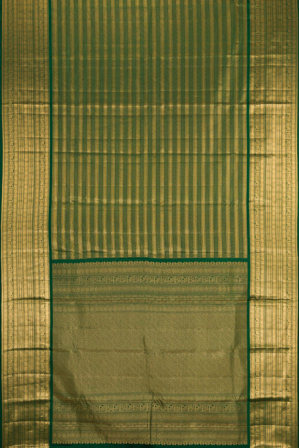 Flat view of Bottle Green Kanjivaram Silk Saree with Stripes on the body and Zari Border. 