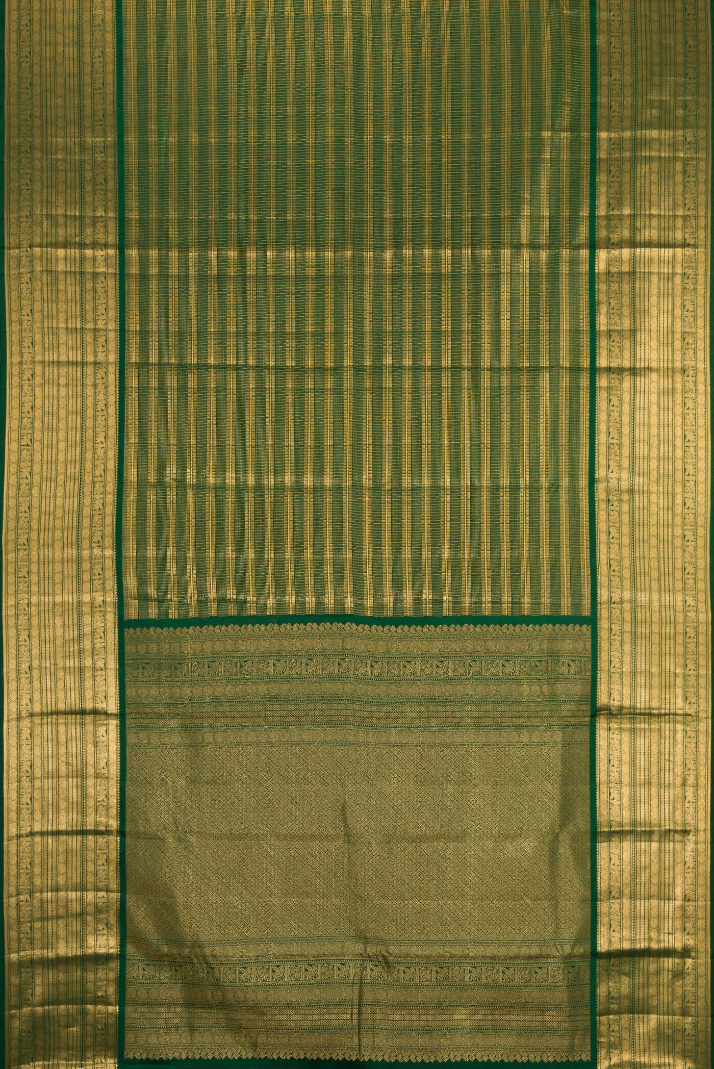 Flat view of Bottle Green Kanjivaram Silk Saree with Stripes on the body and Zari Border. 