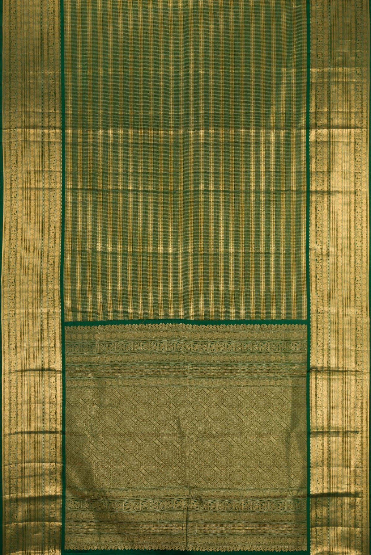 Flat view of Bottle Green Kanjivaram Silk Saree with Stripes on the body and Zari Border. 