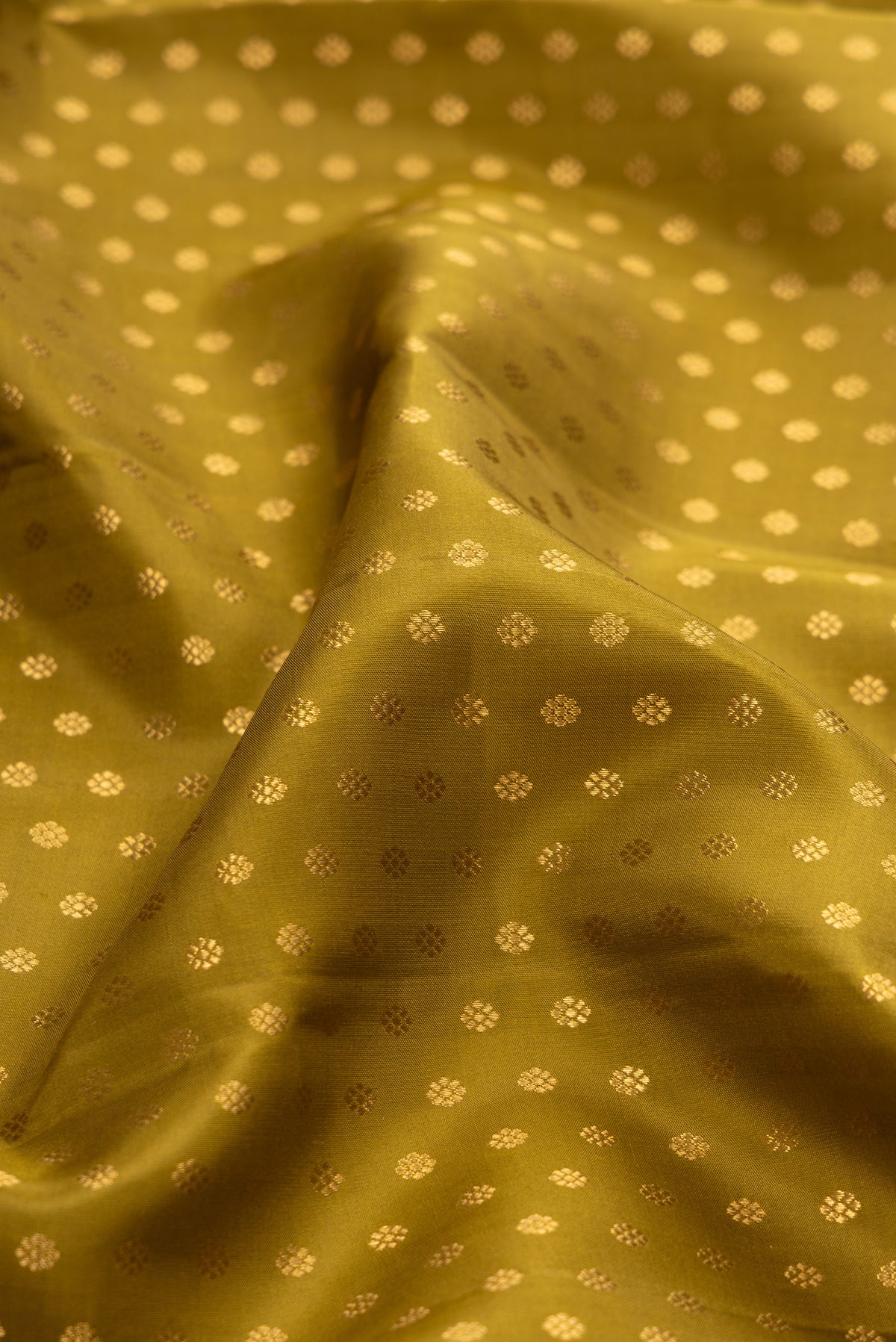 Close up of Mehandi Green Kanchipuram Silk Saree with Zari Butta on the body and Zari Border.  displaying folds