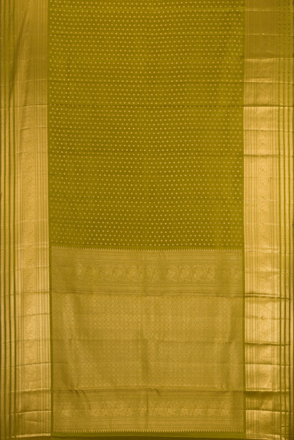 Flat view of Mehandi Green Kanchipuram Silk Saree with Zari Butta on the body and Zari Border. 