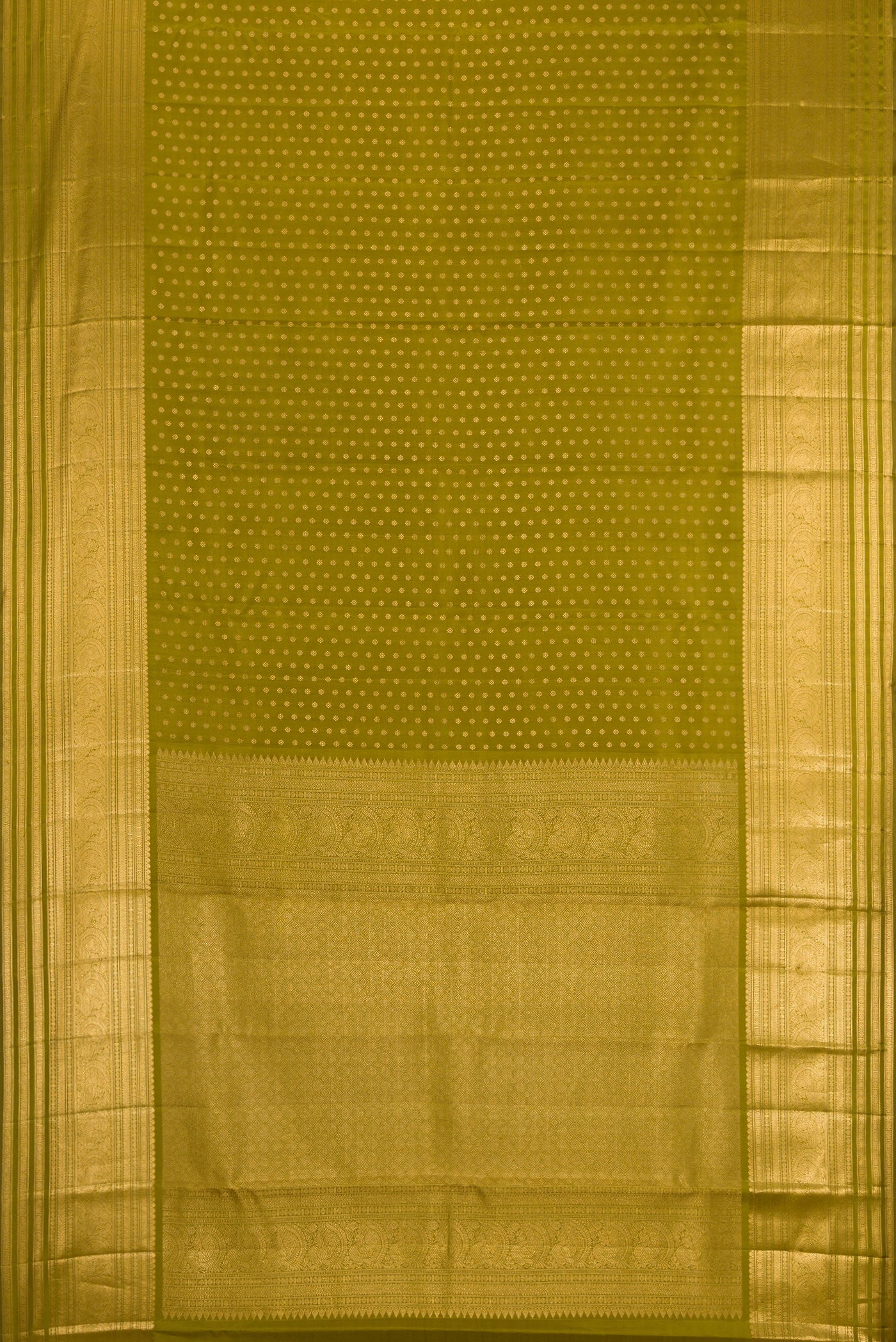 Flat view of Mehandi Green Kanchipuram Silk Saree with Zari Butta on the body and Zari Border. 