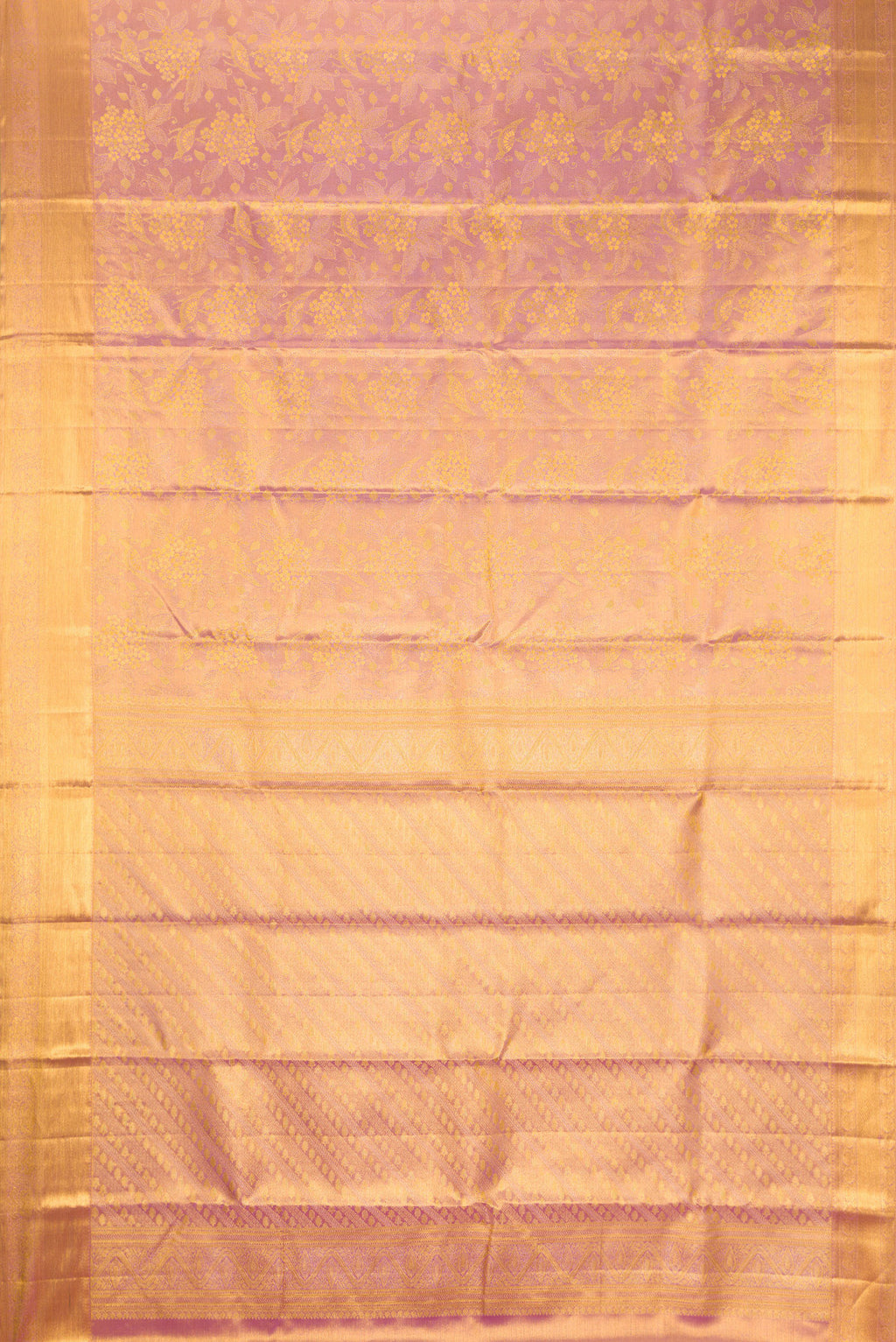 Flat view of Rose Gold Dual Tone Kanchipuram Tissue Silk Saree with Zari Brocade on the body and Zari Border. 