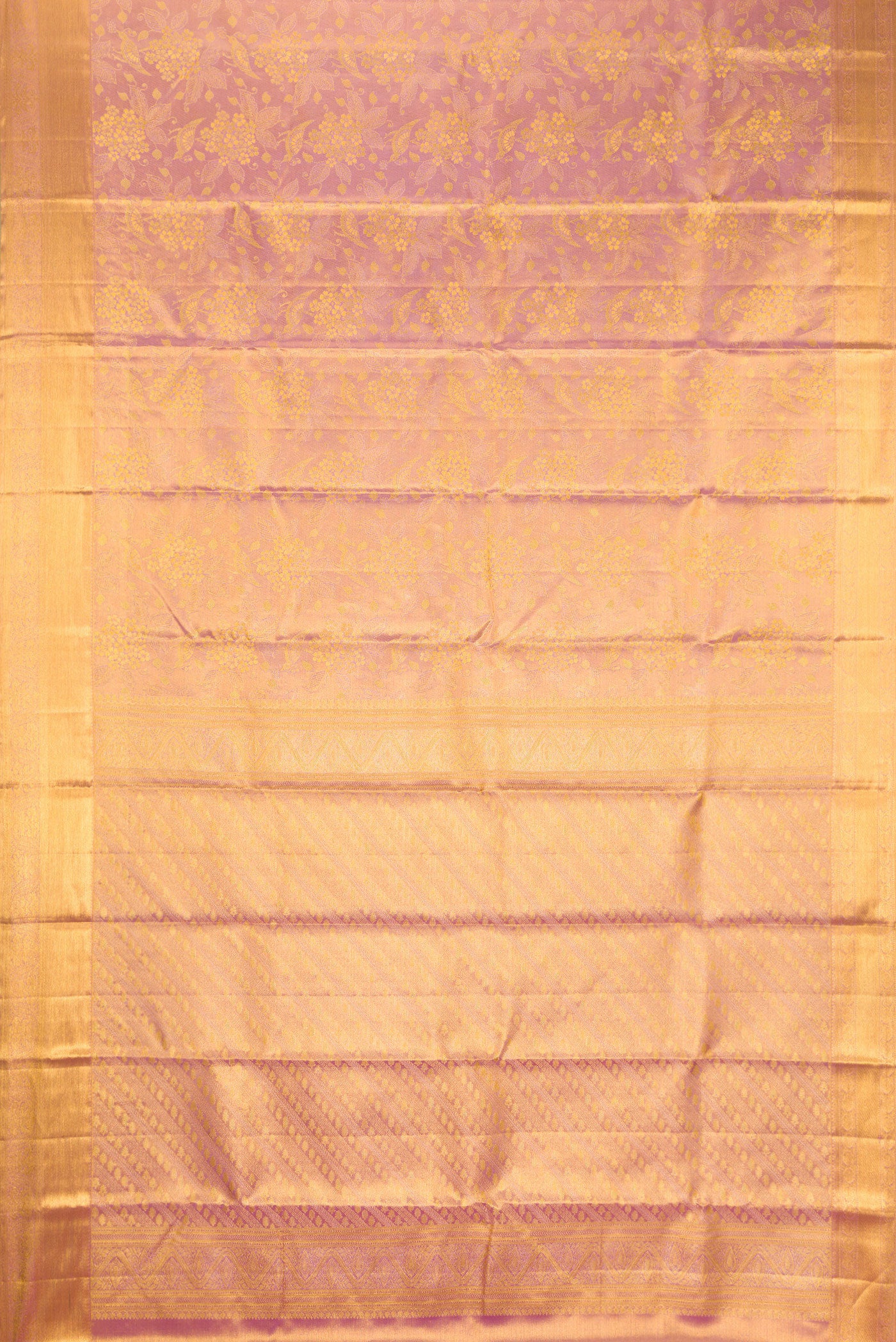 Flat view of Rose Gold Dual Tone Kanchipuram Tissue Silk Saree with Zari Brocade on the body and Zari Border. 