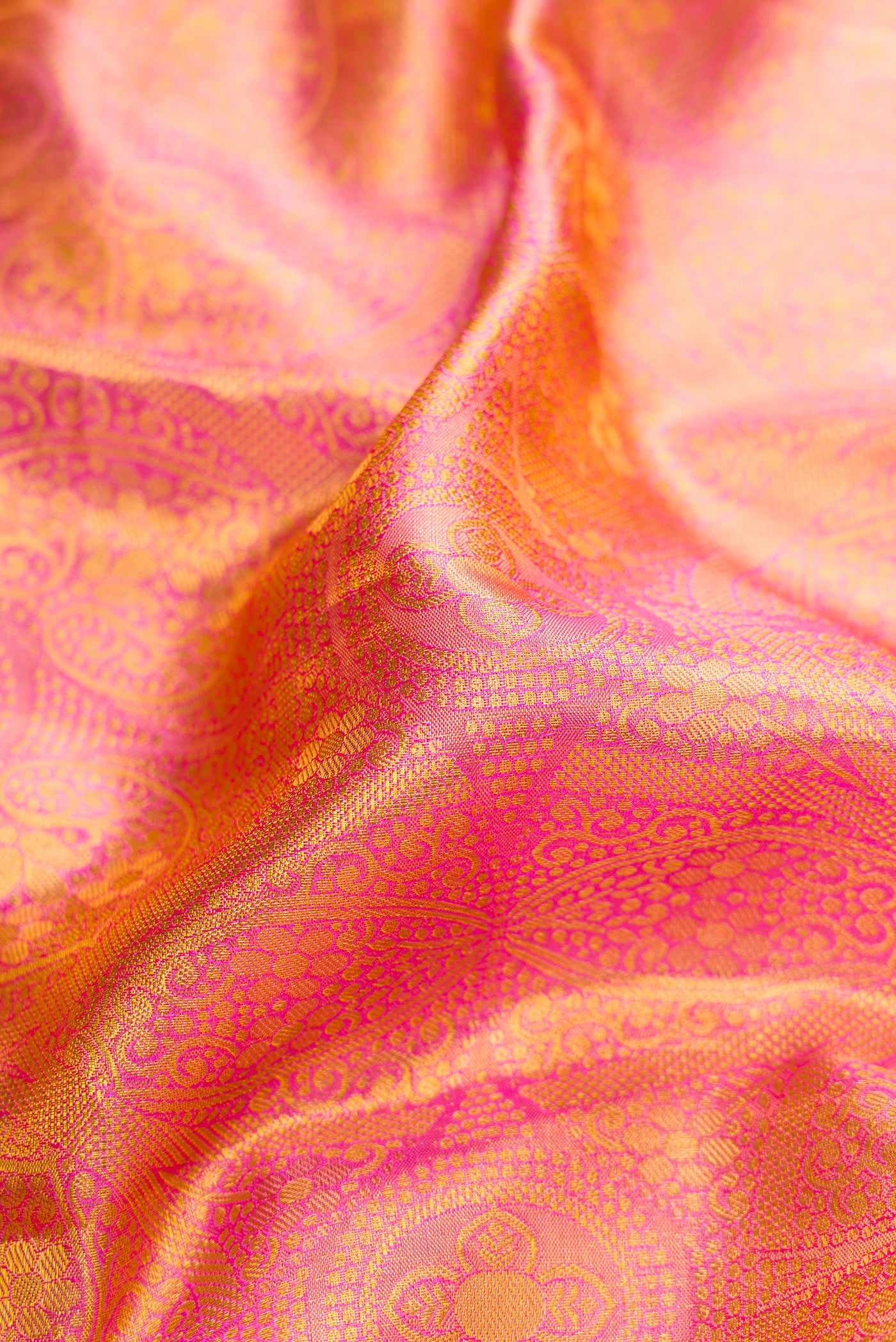 Close up of Pink Dual Tone Kanchipuram Tissue Silk Saree with Zari Brocade on the body and Zari Border.  displaying folds
