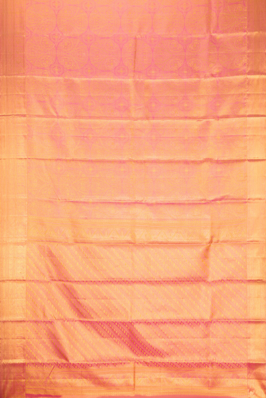 Flat view of Pink Dual Tone Kanchipuram Tissue Silk Saree with Zari Brocade on the body and Zari Border. 