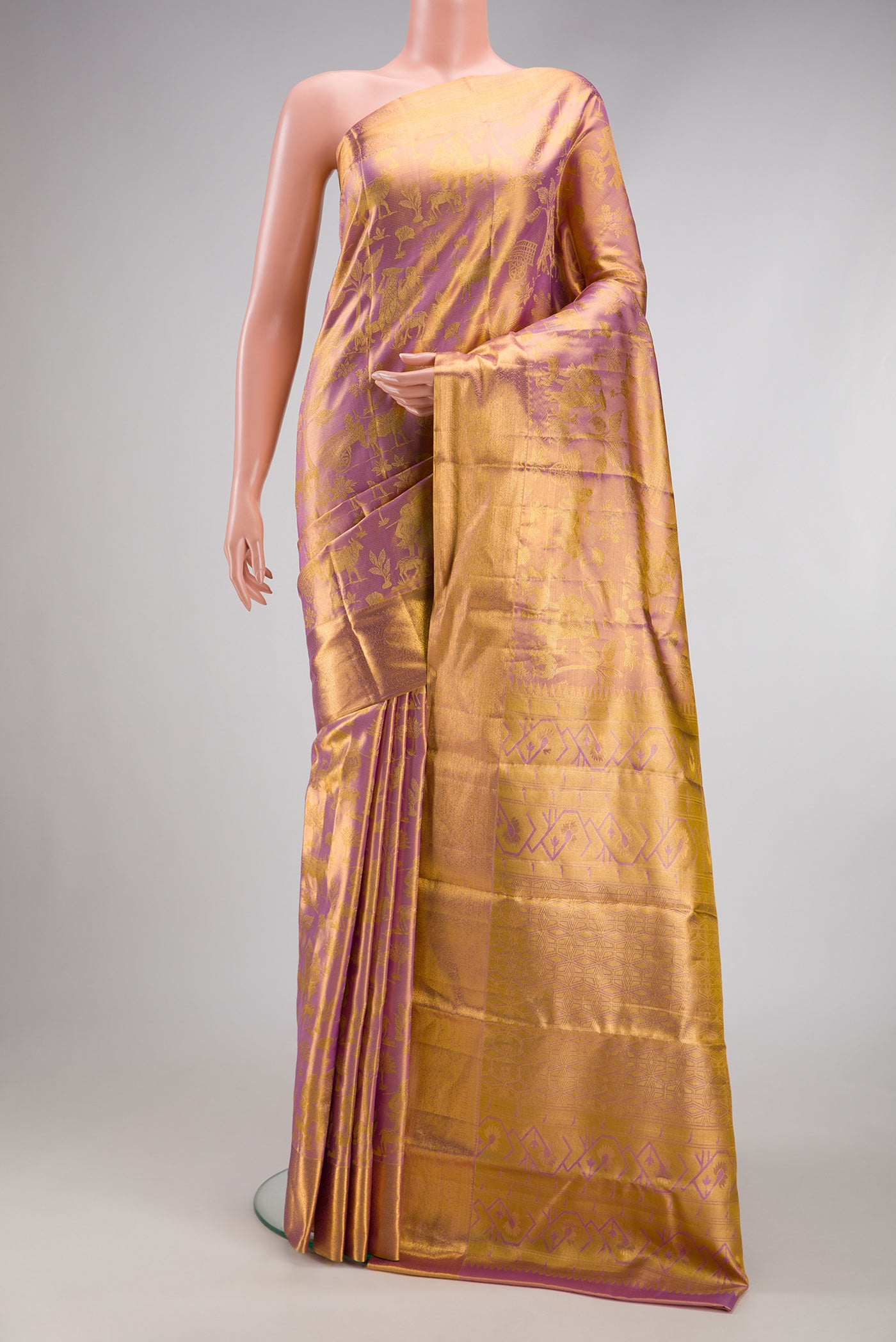 Rose Gold Dual Tone Kanchipuram Tissue Silk Saree with Zari Brocade on the body and Zari Border.  displayed on a mannequin