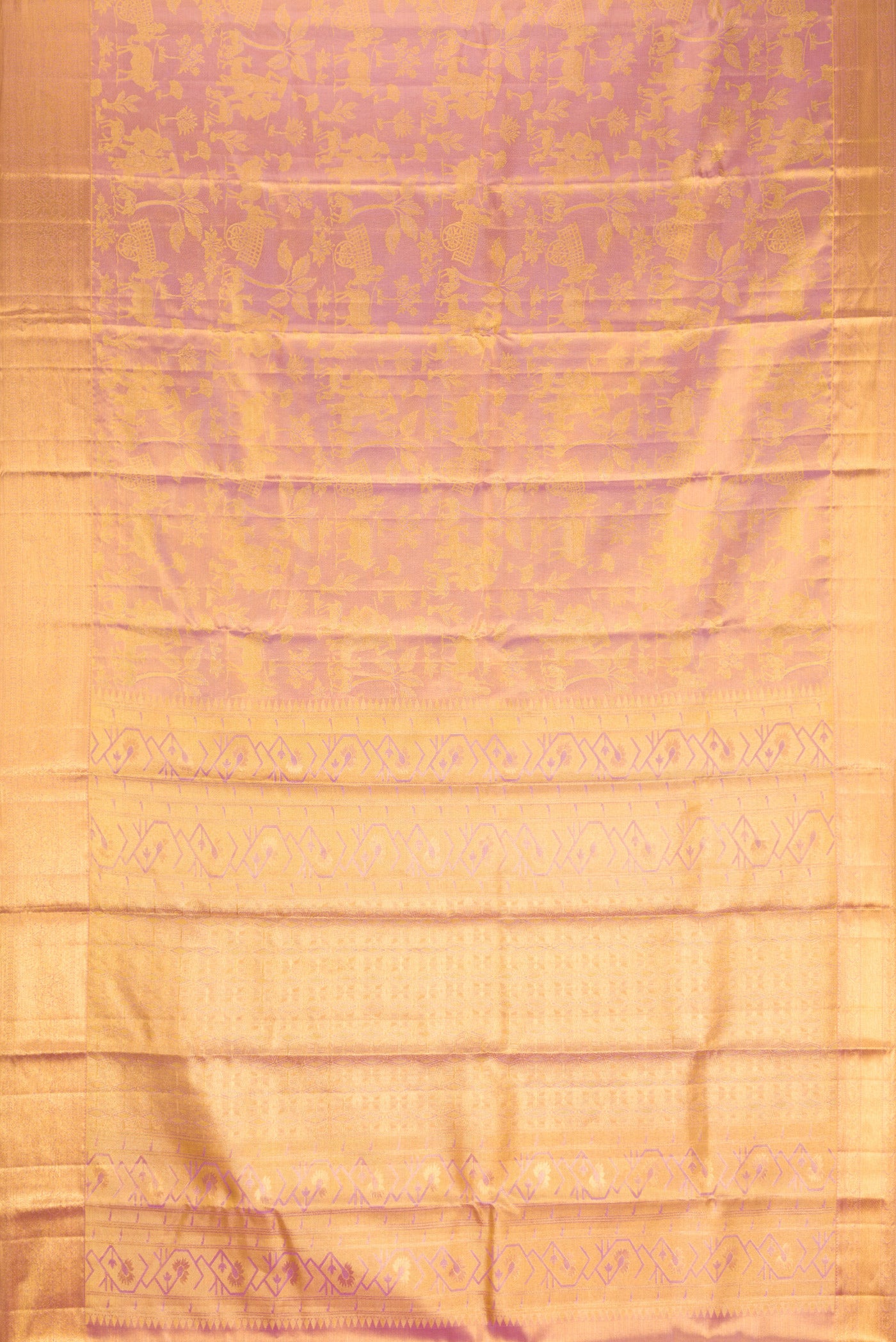 Flat view of Rose Gold Dual Tone Kanchipuram Tissue Silk Saree with Zari Brocade on the body and Zari Border. 