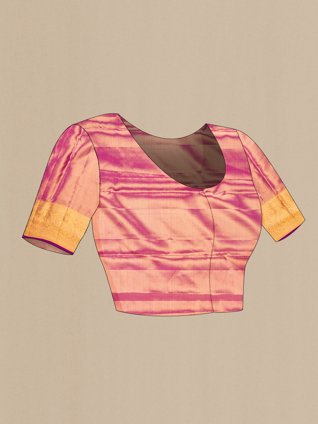 Close up image of the blouse of Rose Gold Dual Tone Kanchipuram Tissue Silk Saree with Zari Brocade on the body and Zari Border. 