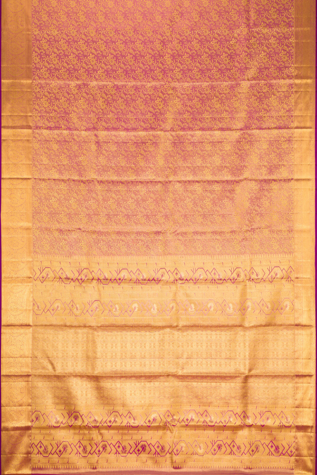 Flat view of Rose Gold Dual Tone Kanchipuram Tissue Silk Saree with Zari Brocade on the body and Zari Border. 