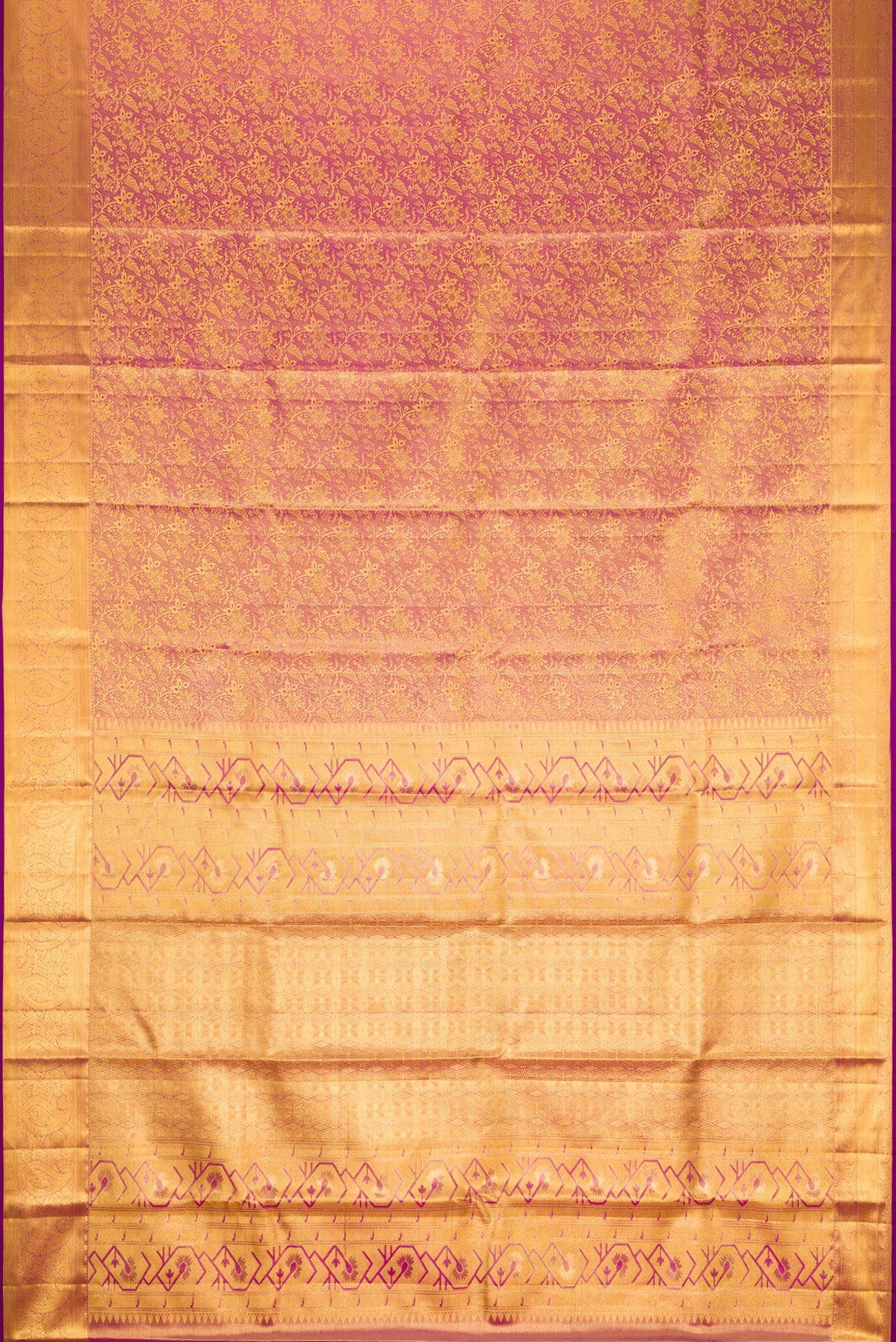 Flat view of Rose Gold Dual Tone Kanchipuram Tissue Silk Saree with Zari Brocade on the body and Zari Border. 