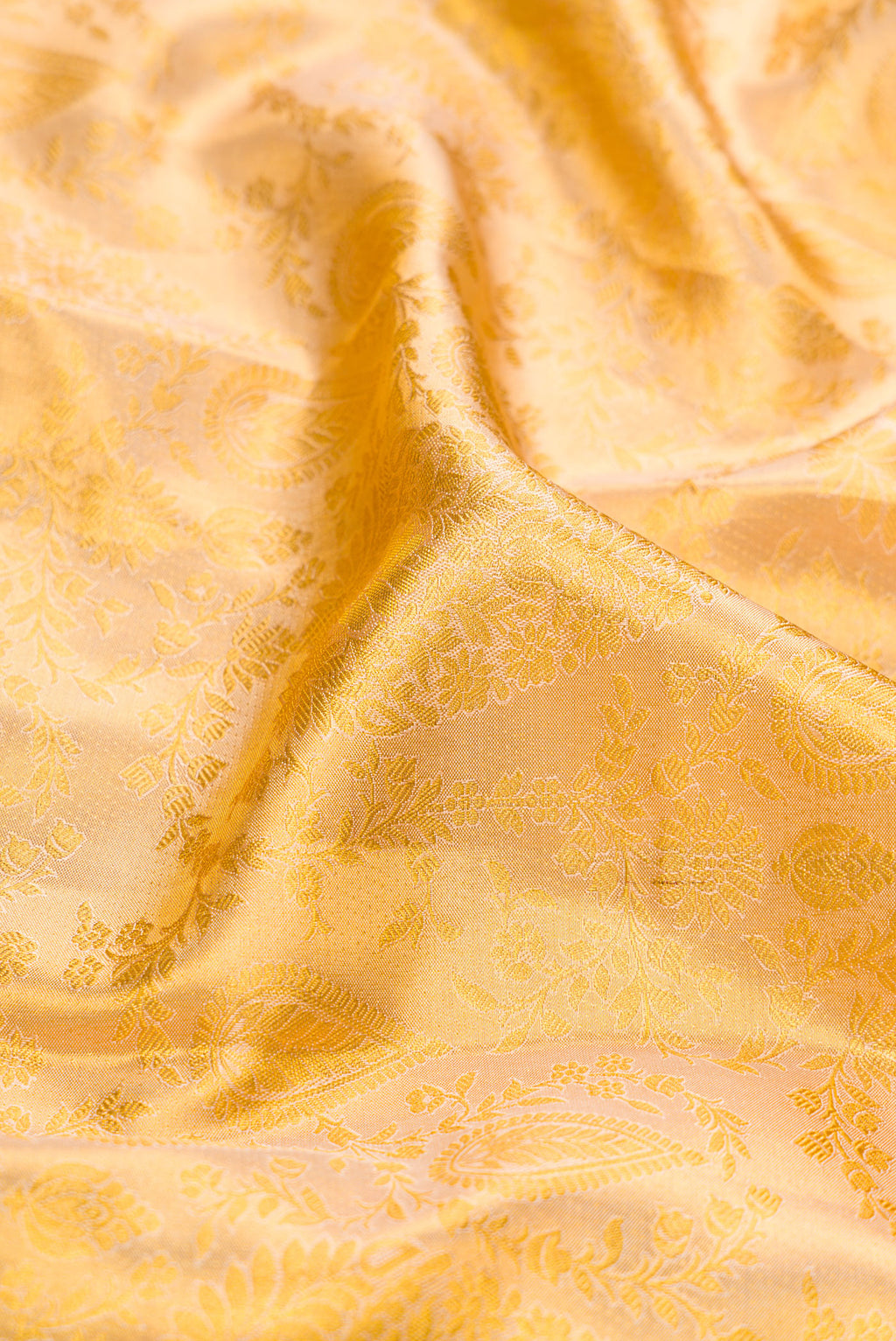 Close up of Gold Dual Tone Kanchipuram Tissue Silk Saree with Zari Brocade on the body and Zari Border.  displaying folds