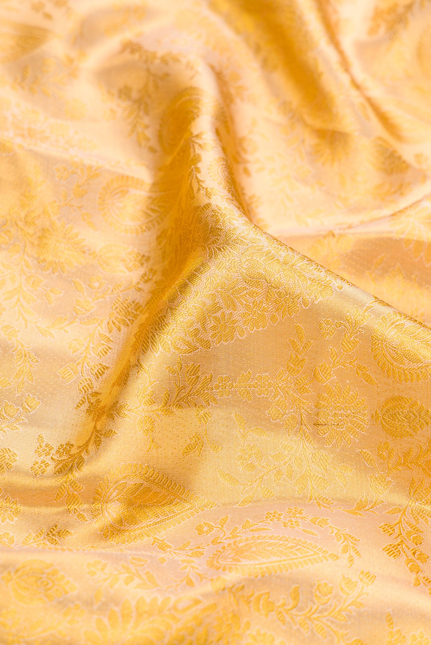 Close up of Gold Dual Tone Kanchipuram Tissue Silk Saree with Zari Brocade on the body and Zari Border.  displaying folds