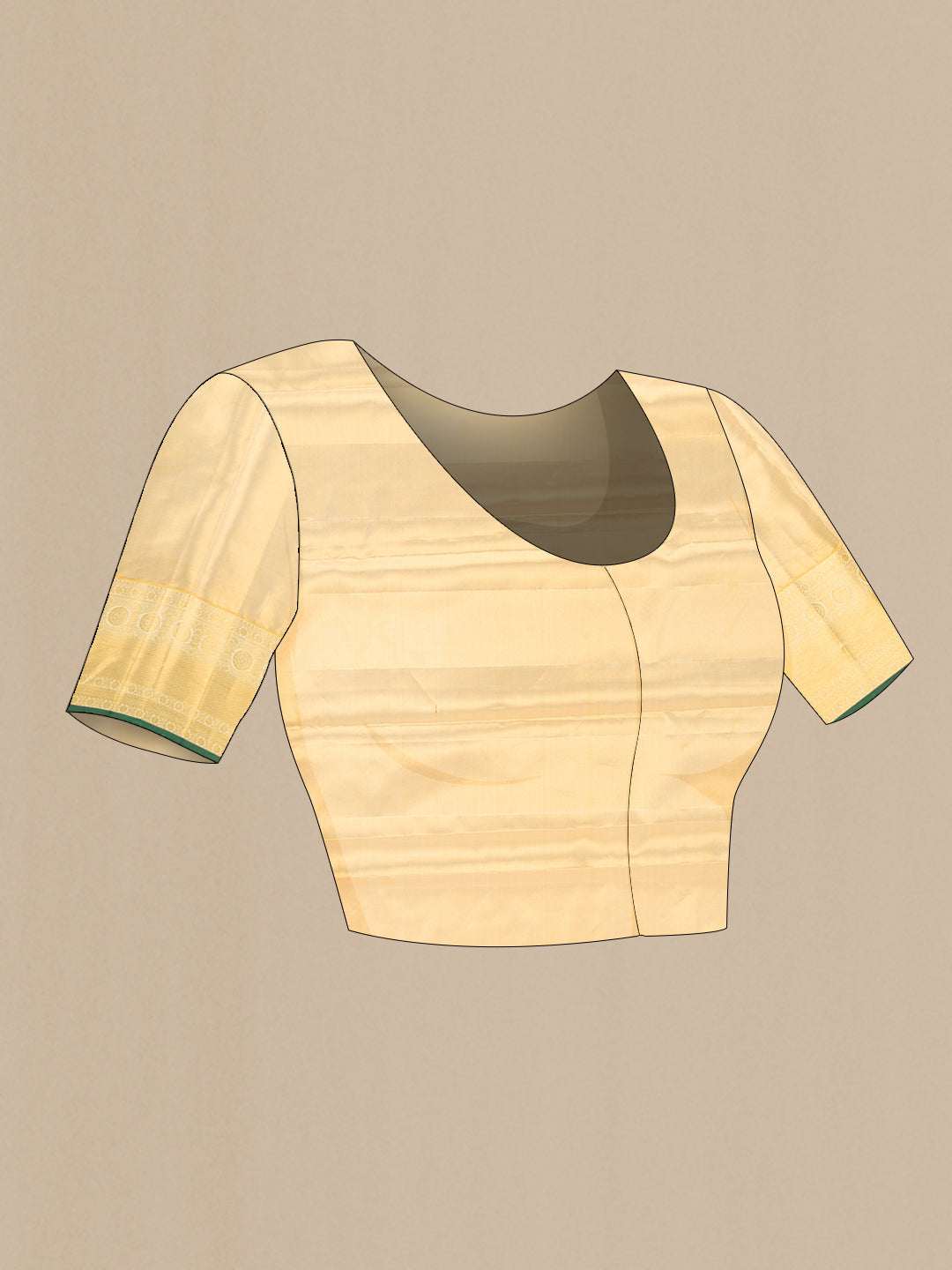 Close up image of the blouse of Gold Kanchipuram Tissue Silk Saree with Zari Brocade on the body and Zari Border. 