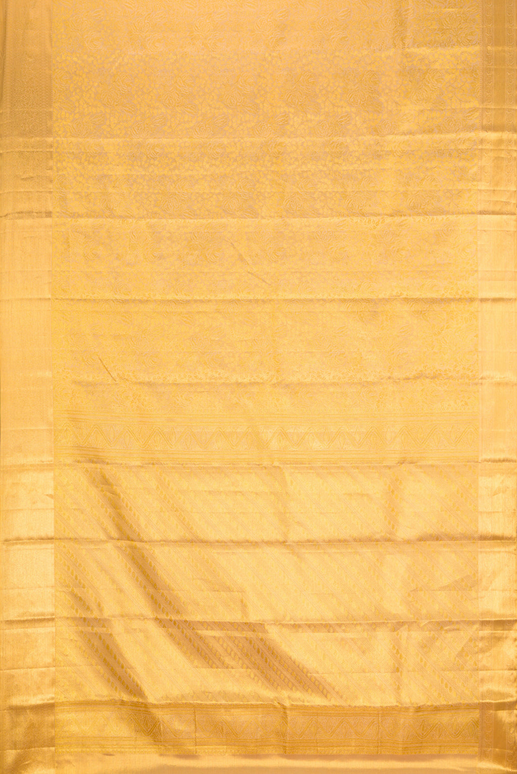 Flat view of Gold Dual Tone Kanchipuram Tissue Silk Saree with Zari Brocade on the body and Zari Border. 