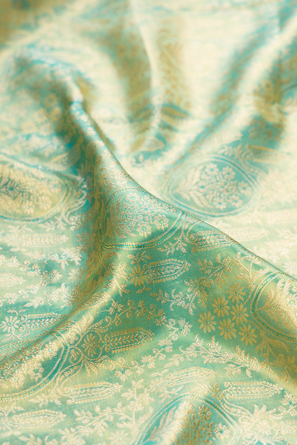 Close up of Sea Green Dual Tone Kanjivaram Tissue Silk Saree with Zari Brocade on the body and Fancy Border.  displaying folds