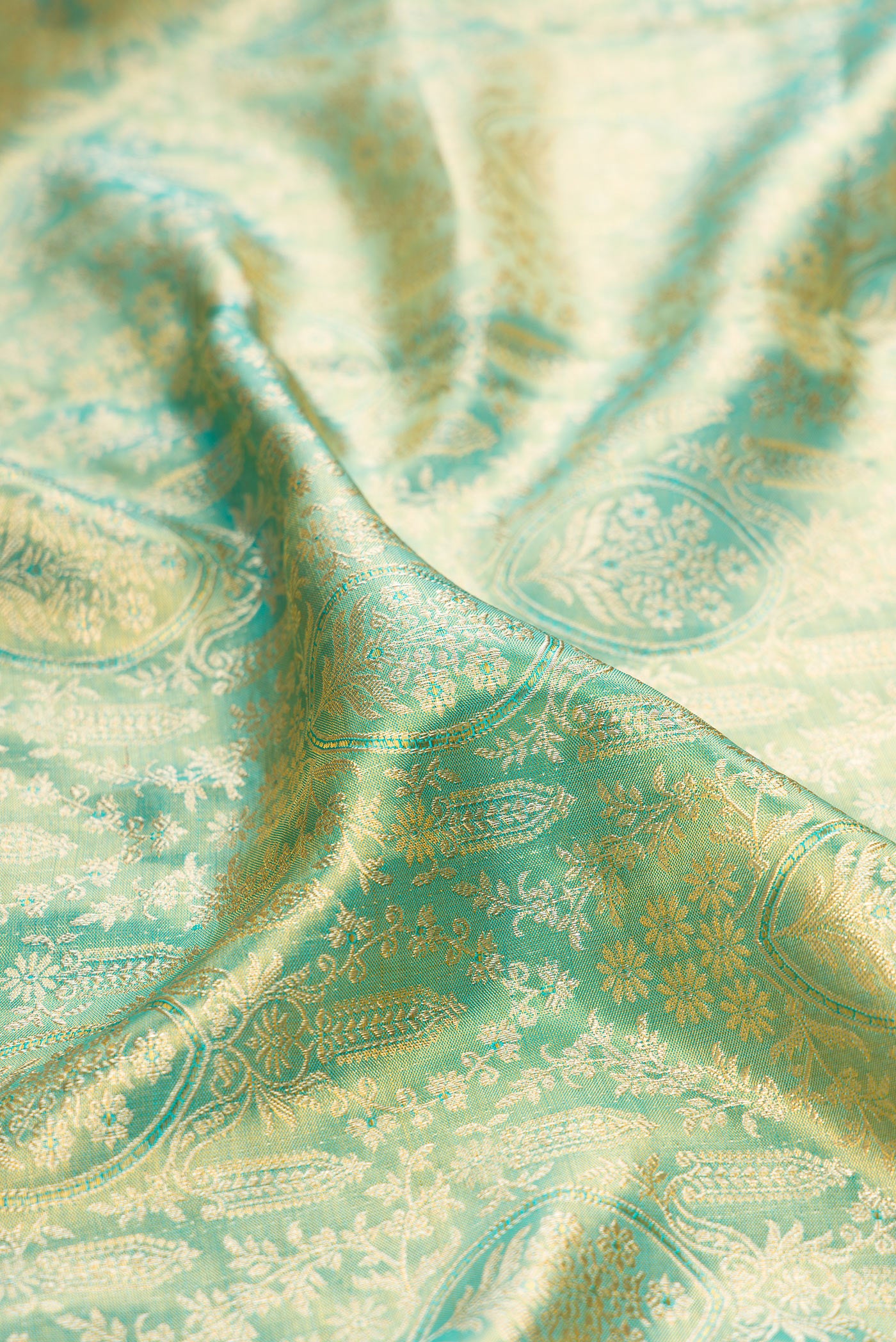Close up of Sea Green Dual Tone Kanjivaram Tissue Silk Saree with Zari Brocade on the body and Fancy Border.  displaying folds