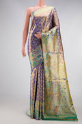 Royal Blue Dual Tone Kanjivaram Tissue Silk Saree with Zari Brocade on the body and Zari Border.  displayed on a mannequin