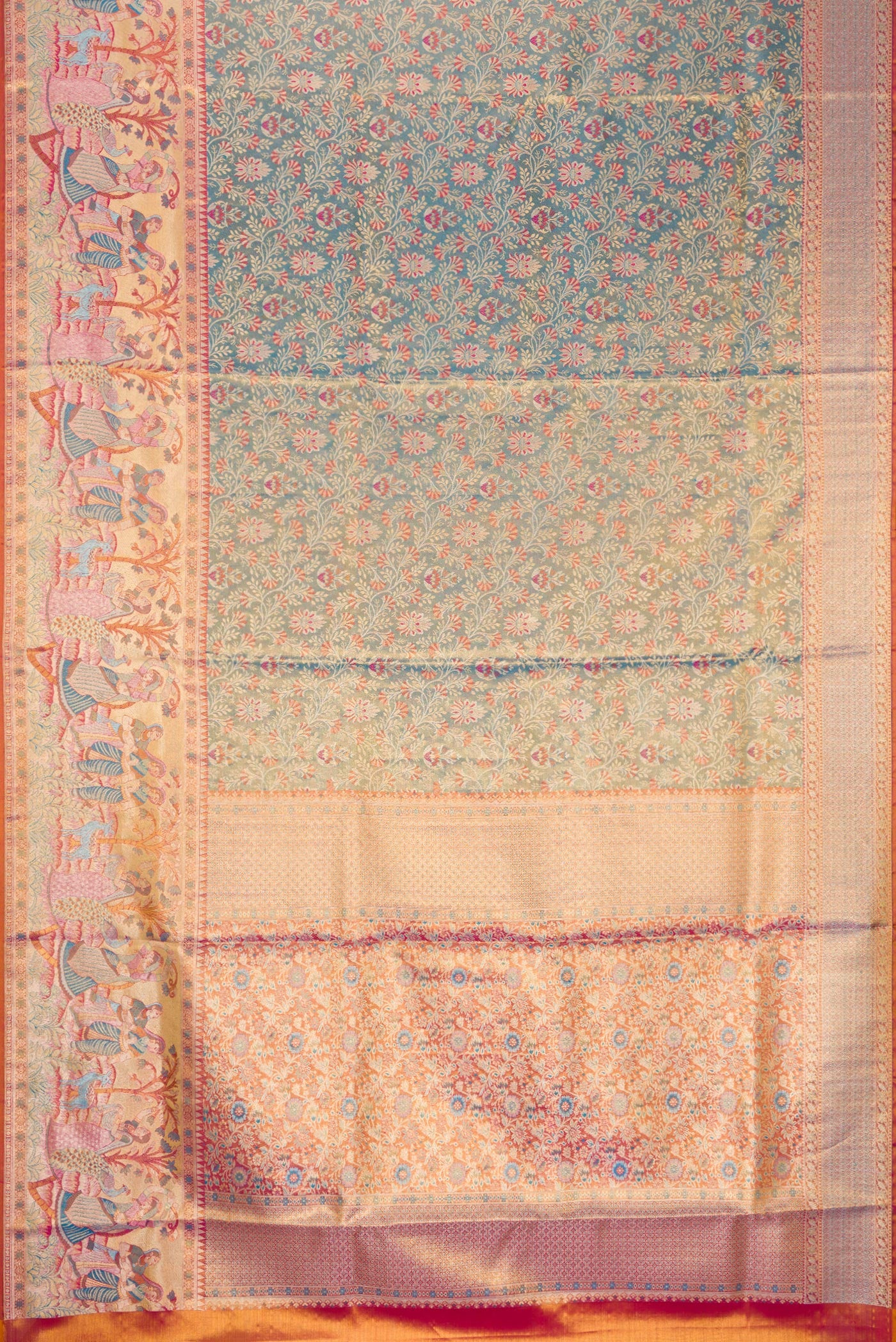 Flat view of Blue Dual Tone Kanjivaram Tissue Silk Saree with Zari Brocade on the body and Fancy Border. 