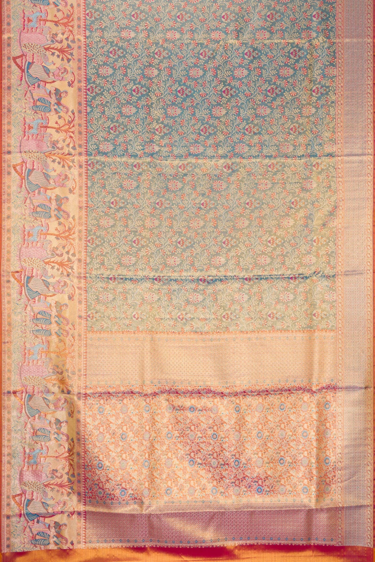 Flat view of Blue Dual Tone Kanjivaram Tissue Silk Saree with Zari Brocade on the body and Fancy Border. 