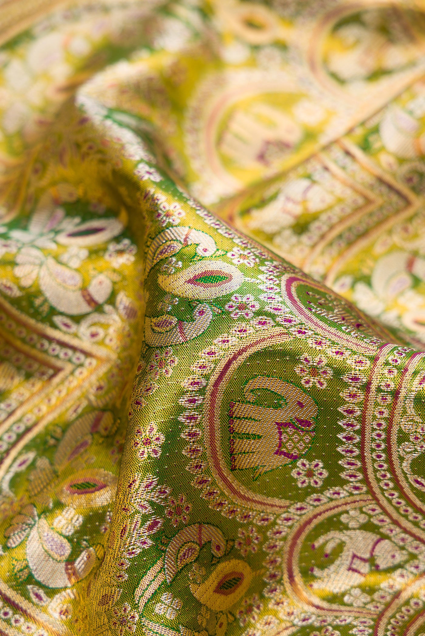 Close up of Green Dual Tone Kanjivaram Tissue Silk Saree with Zari Brocade on the body and Fancy Border.  displaying folds