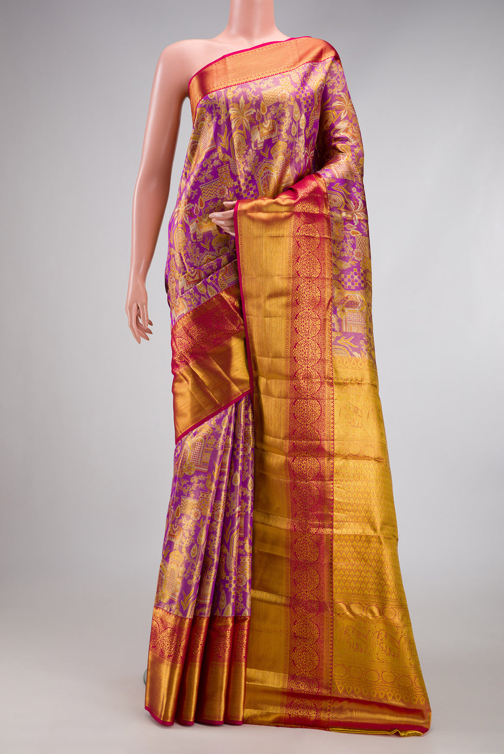 Purple Dual Tone Kanjivaram Tissue Silk Saree with Zari Brocade on the body and Zari Border.  displayed on a mannequin