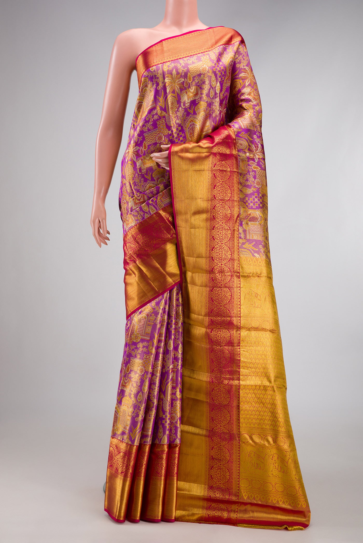 Purple Dual Tone Kanjivaram Tissue Silk Saree with Zari Brocade on the body and Zari Border.  displayed on a mannequin