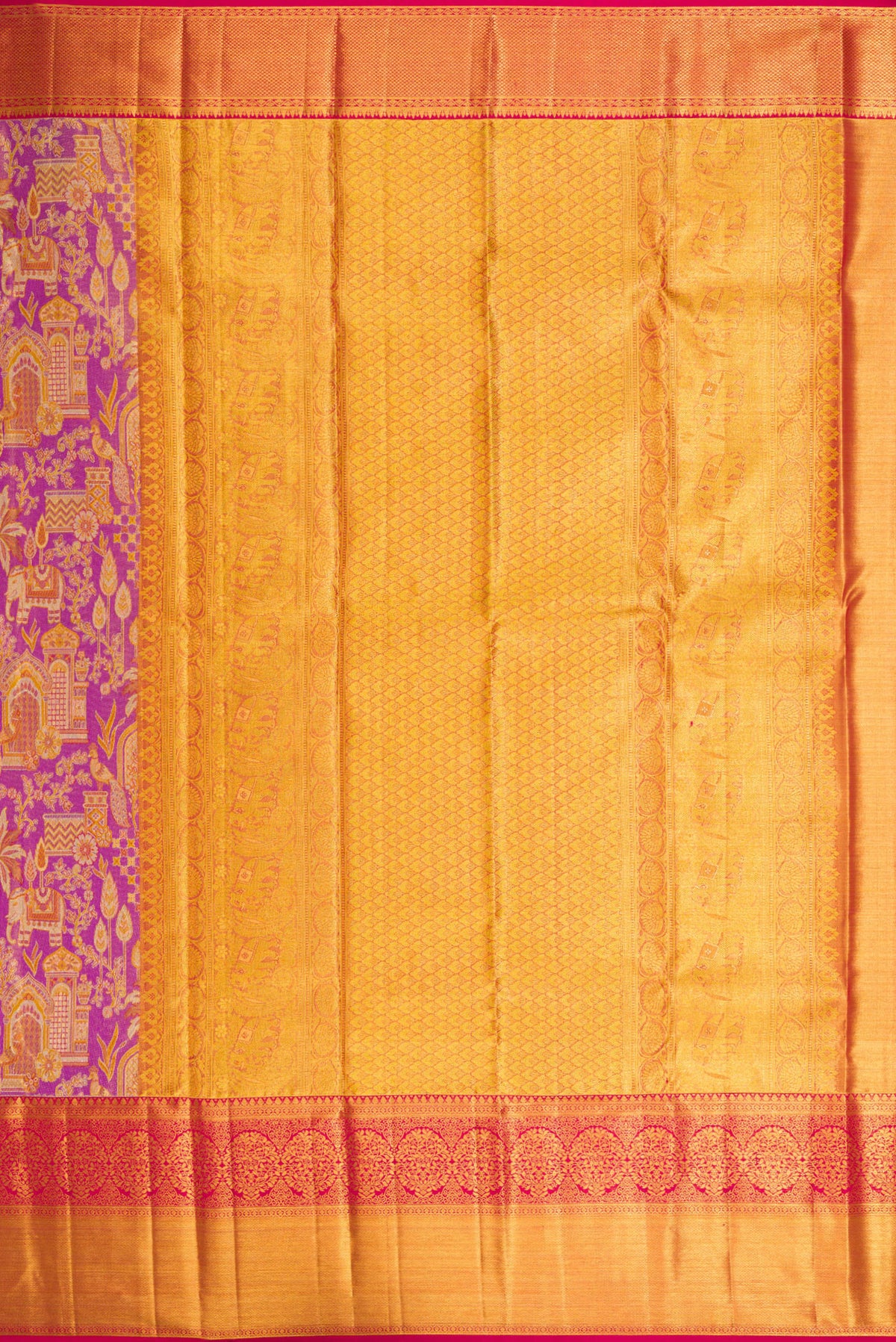 Close up image of the pallu of Purple Dual Tone Kanjivaram Tissue Silk Saree with Zari Brocade on the body and Zari Border. 