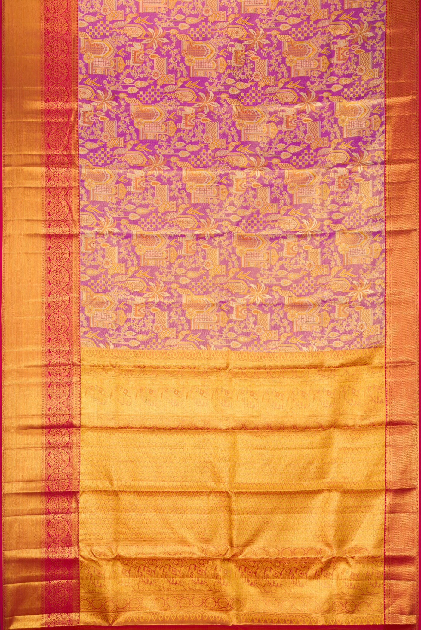 Flat view of Purple Dual Tone Kanjivaram Tissue Silk Saree with Zari Brocade on the body and Zari Border. 