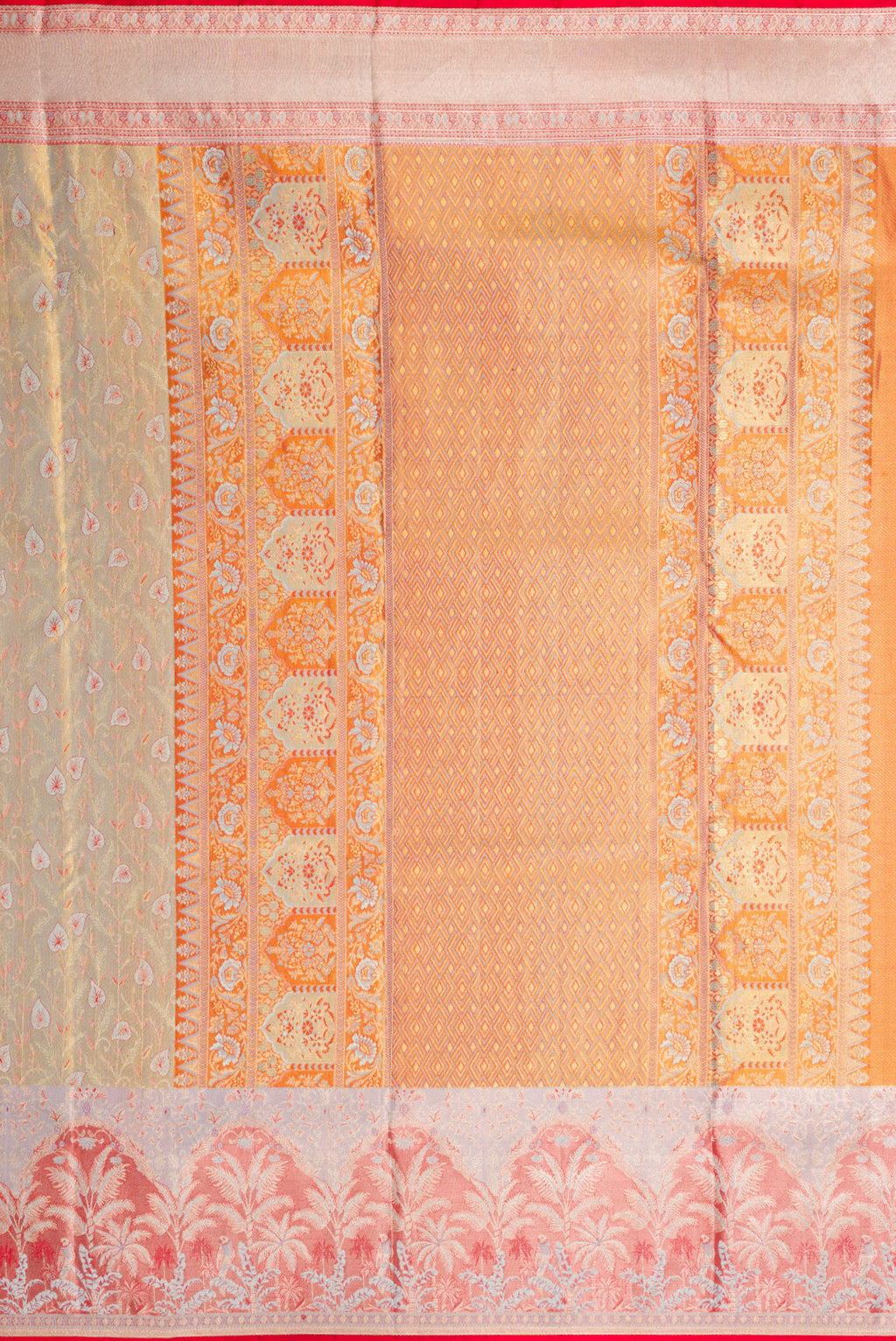 Close up image of the pallu of Light Green Dual Tone Kanjivaram Tissue Silk Saree with Zari Brocade on the body and Fancy Border. 