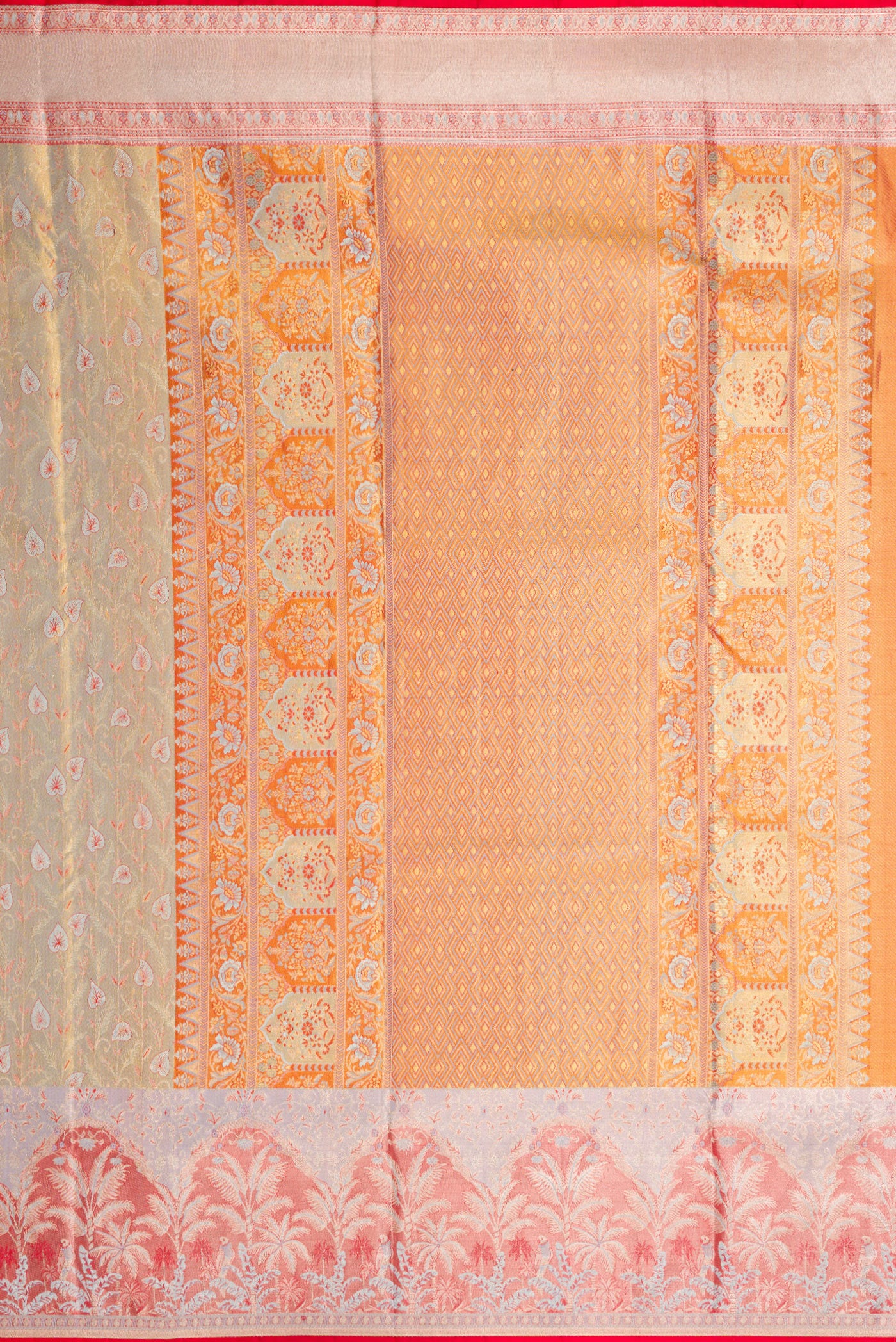 Close up image of the pallu of Light Green Dual Tone Kanjivaram Tissue Silk Saree with Zari Brocade on the body and Fancy Border. 
