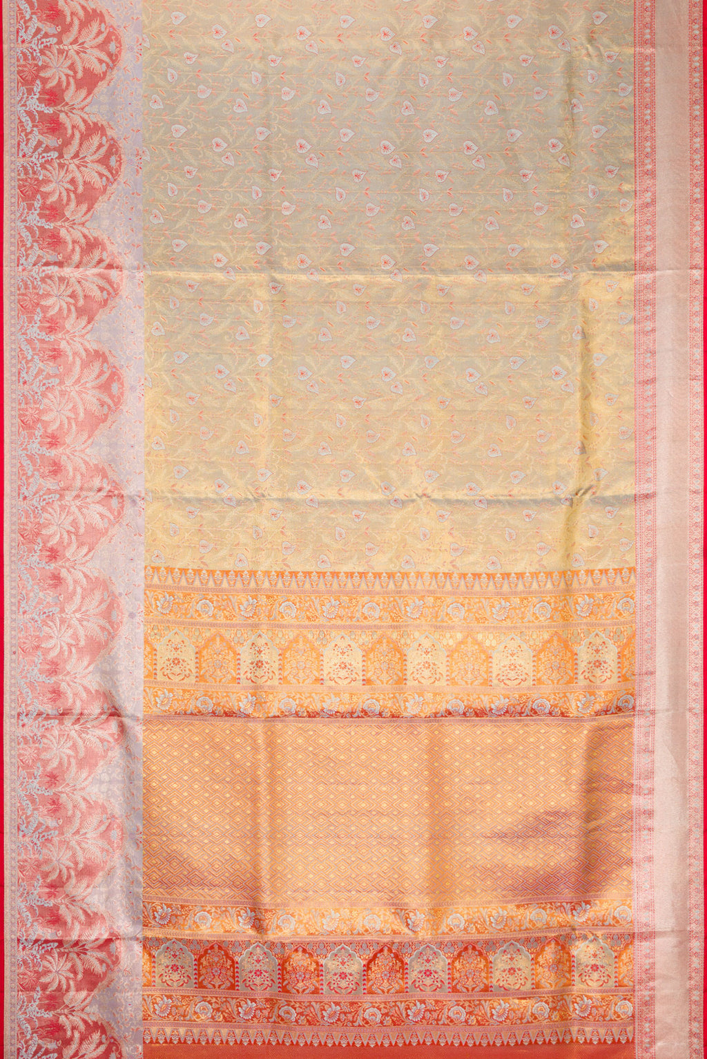 Flat view of Light Green Dual Tone Kanjivaram Tissue Silk Saree with Zari Brocade on the body and Fancy Border. 