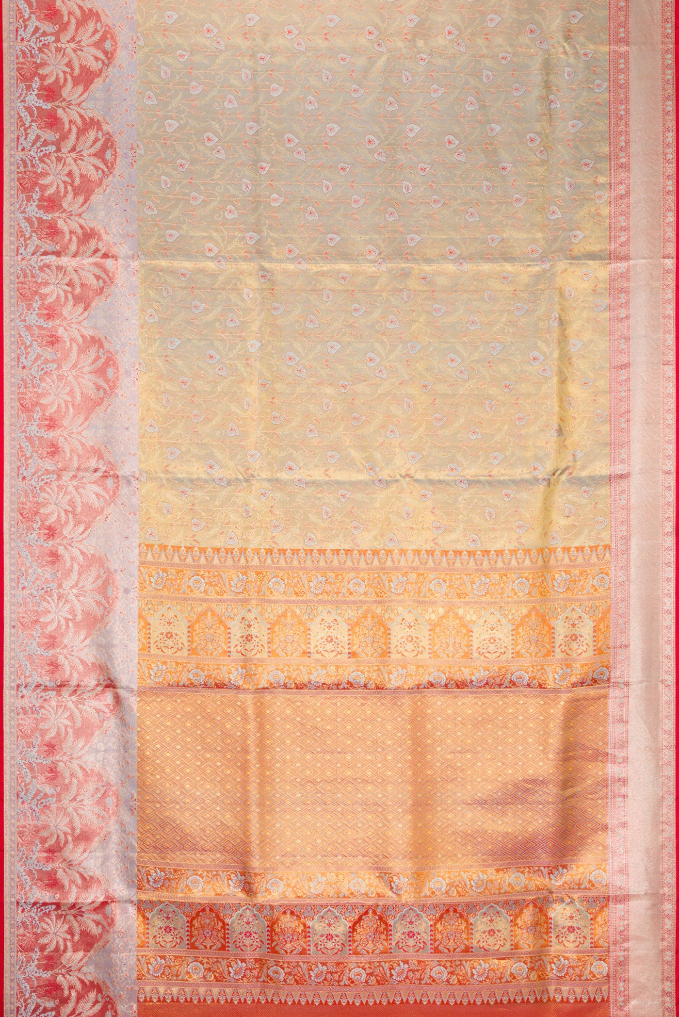 Flat view of Light Green Dual Tone Kanjivaram Tissue Silk Saree with Zari Brocade on the body and Fancy Border. 