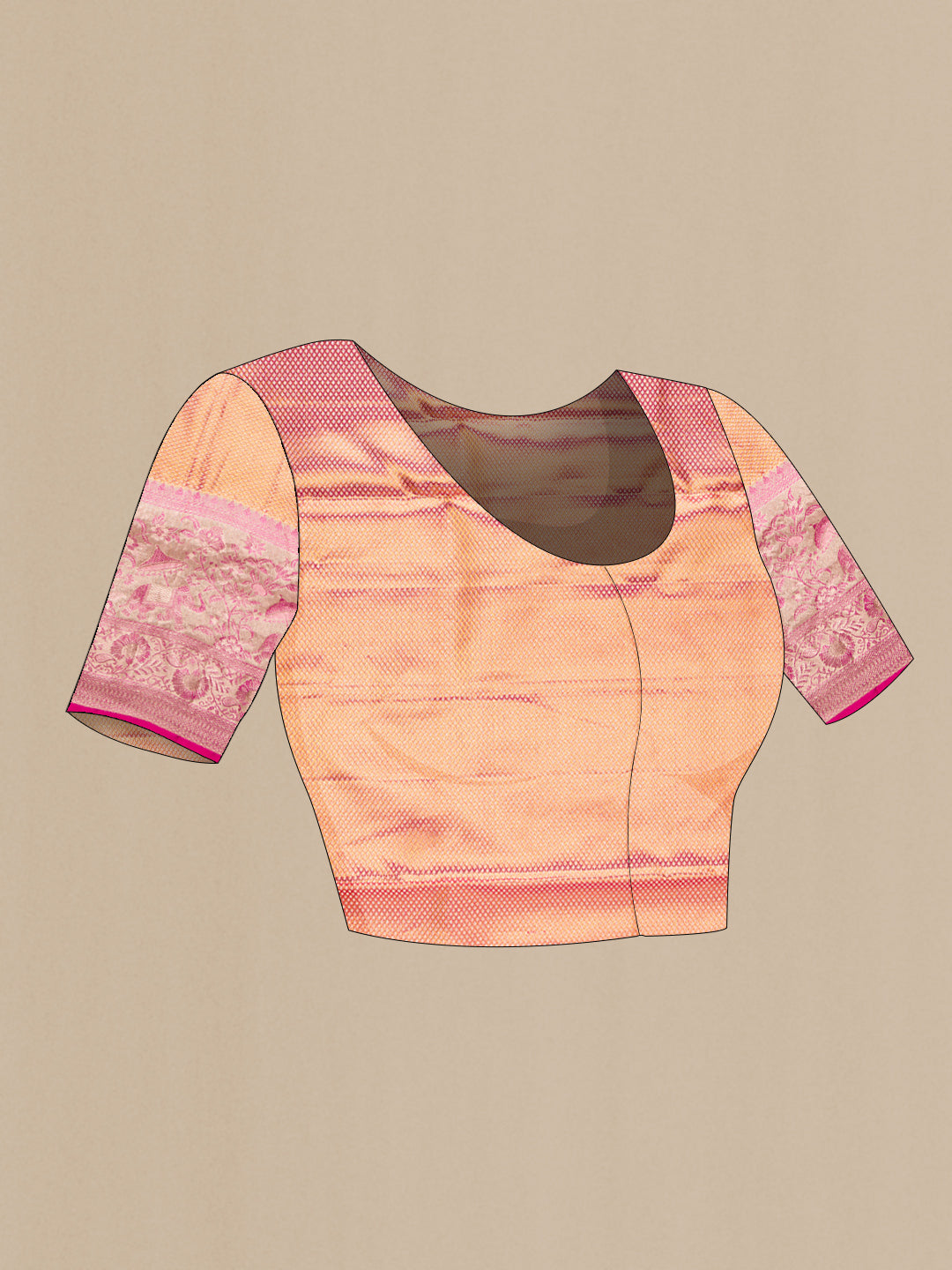Close up image of the blouse of Pink Dual Tone Kanjivaram Tissue Silk Saree with Zari Brocade on the body and Zari Border. 