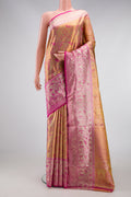 Pink Dual Tone Kanjivaram Tissue Silk Saree with Zari Brocade on the body and Zari Border.  displayed on a mannequin